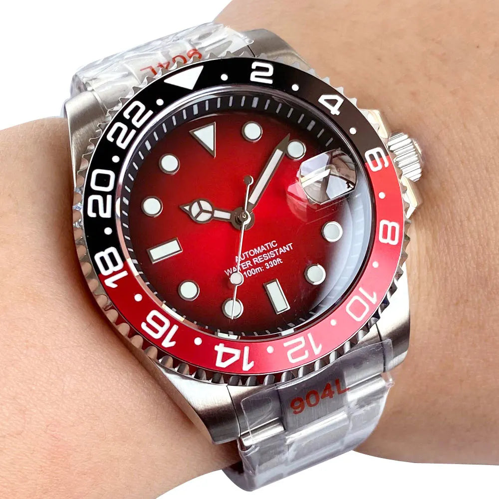 Two Tone Gradient Red Sunburst 100m Waterproof NH35A Automatic Watch Sapphire Crystal Glass Red Black Ceramic Bezel