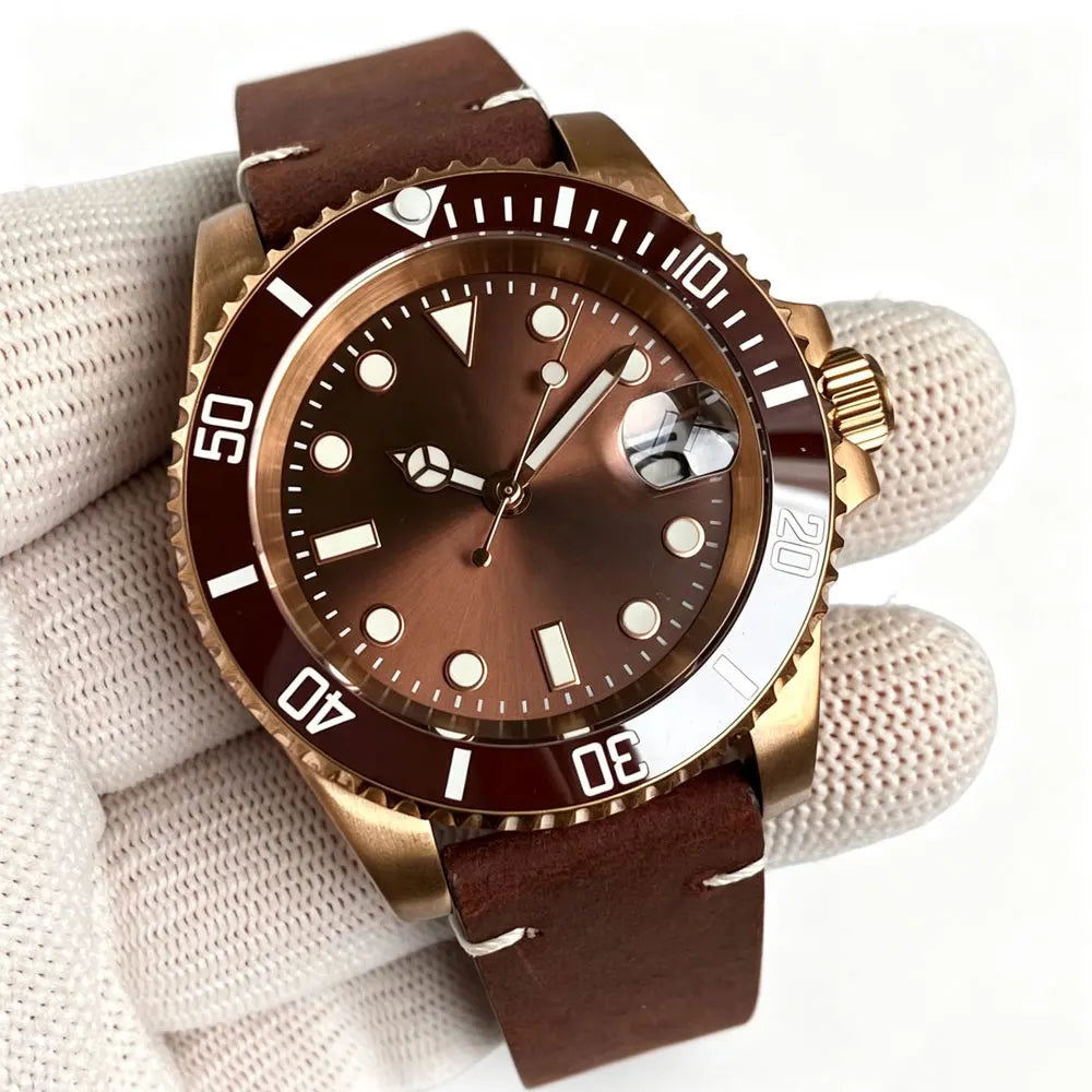 40mm Japan NH35 CuSn8 Bronze Date Automatic Mechanical Retro Men's Watch Sapphire Glass Sunburst Dial Diver Wristwatch